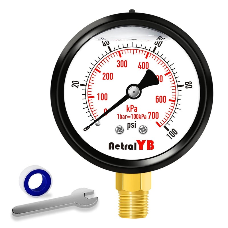 AetralYB 0-100 Psi 2.5 Inch Pressure Gauge Stainless Steel Case, Liquid Filled,1/4" NPT Lower Mount, IP67 Waterproof, for Water Pump, Pneumatic Air, Well, RV Hose, Tank, Gas - Image 1